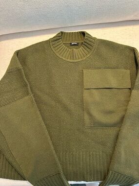 Jil Sander Wool Olive Green Crewneck Knit Sweater with Chest Pocket